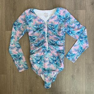 Tropical Print Long Sleeve One Piece Swimsuit